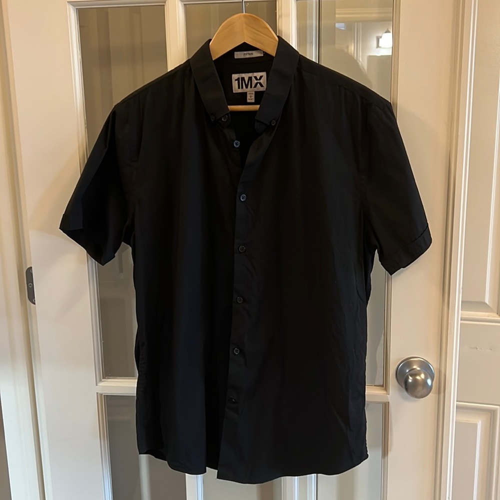 Express 1MX Mens Fitted Short Sleeved Dress Shirt Black Size Large 16/16.5
